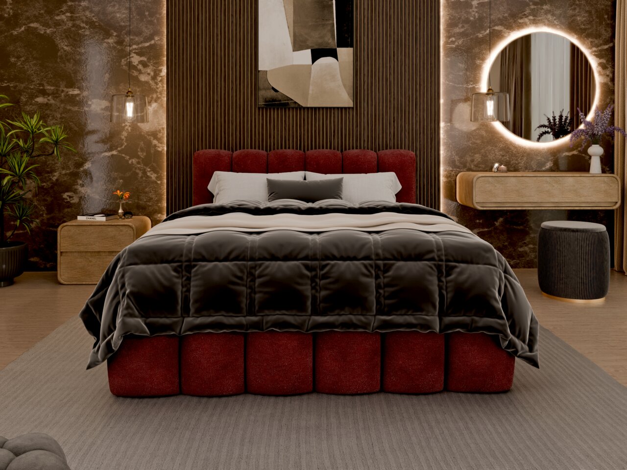 Luxuriöses Polsterbett in einem stilvollen Schlafzimmer, frontal aufgenommen. Das Bett hat ein rotes, gepolstertes Kopfteil und ist mit einer dunklen, gesteppten Decke bedeckt. Die Umgebung ist modern mit einem runden, beleuchteten Spiegel und eleganten M