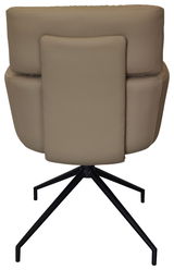 Rückansicht eines beigen Armlehnstuhls mit schwarzem Metallgestell