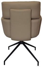 Rückansicht eines beigen Armlehnstuhls mit schwarzem Metallgestell