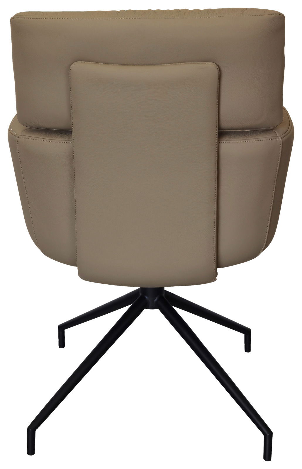 Rückansicht eines beigen Armlehnstuhls mit schwarzem Metallgestell