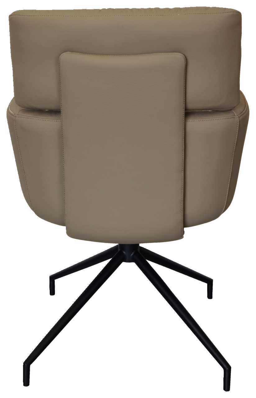 Rückansicht eines beigen Armlehnstuhls mit schwarzem Metallgestell