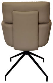 Rückansicht eines beigen Armlehnstuhls mit schwarzem Metallgestell