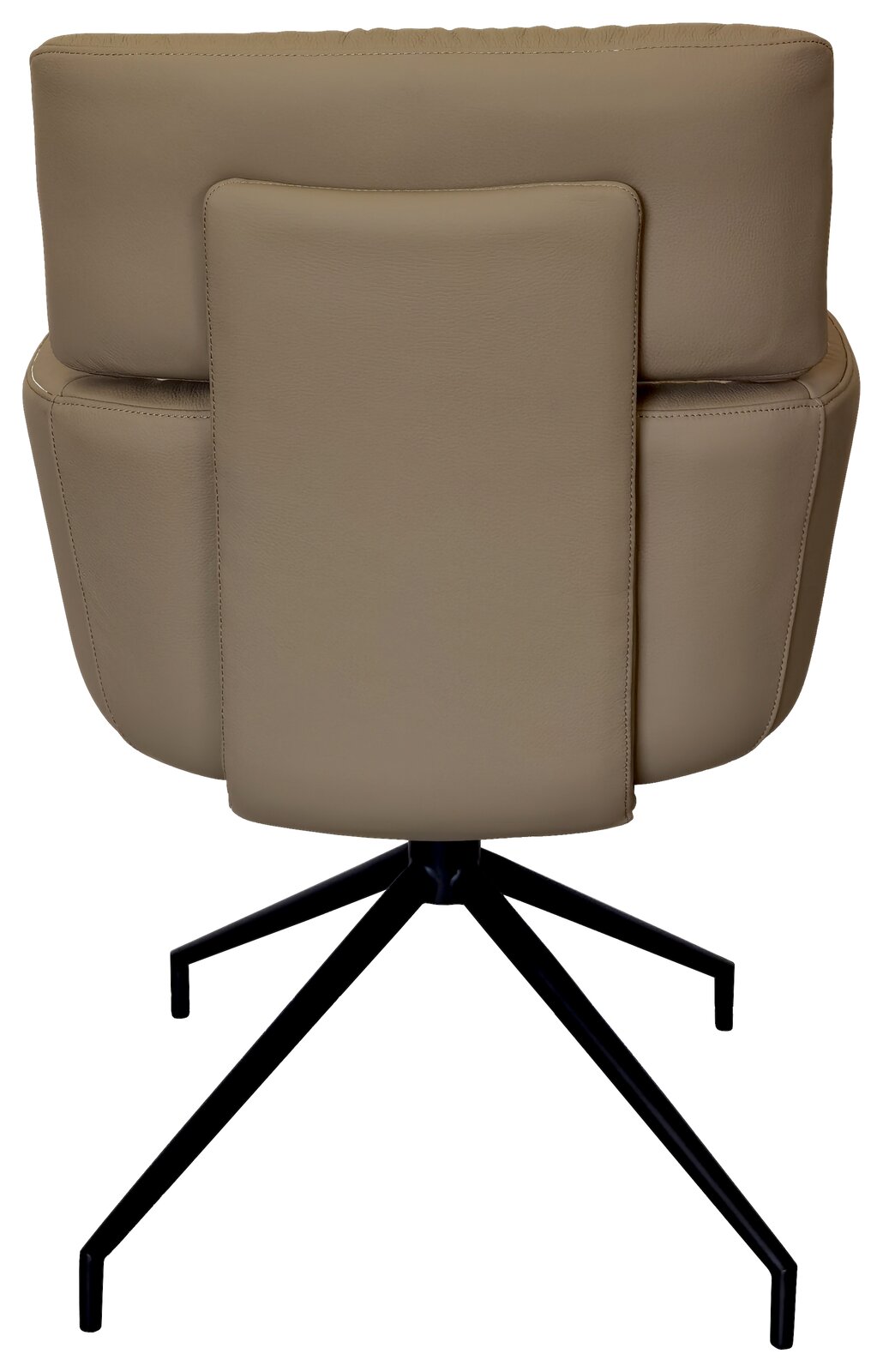 Rückansicht eines beigen Armlehnstuhls mit schwarzem Metallgestell