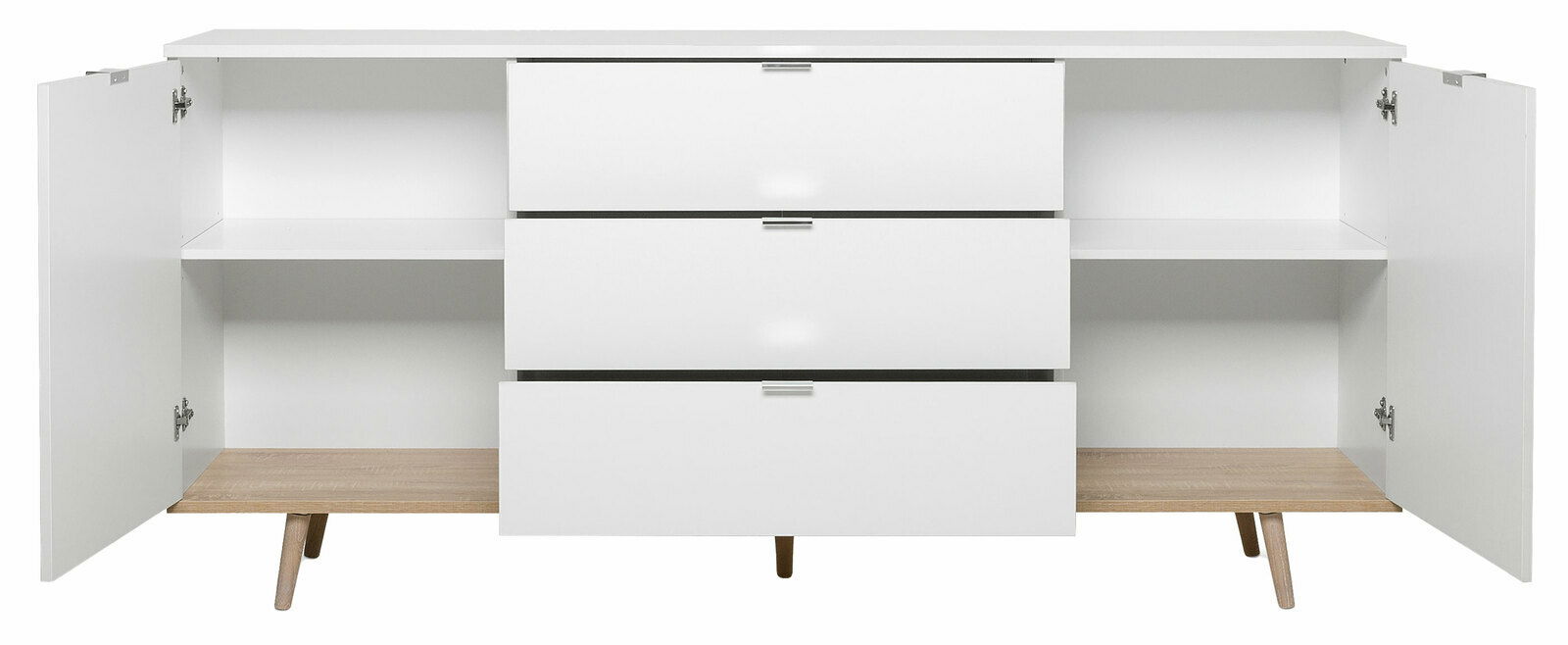 Weißes Sideboard mit offenen Türen und Schubladen, frontal betrachtet, auf Holzbeinen stehend.