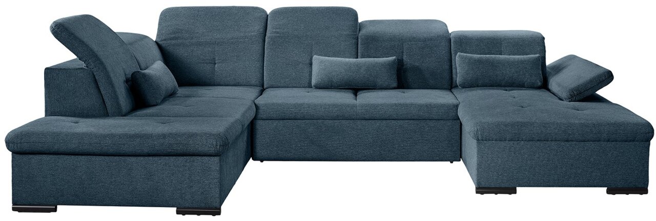 Moderne U-förmige Rundecke in dunkelblauem Stoff, perspektivisch von vorne links gesehen.