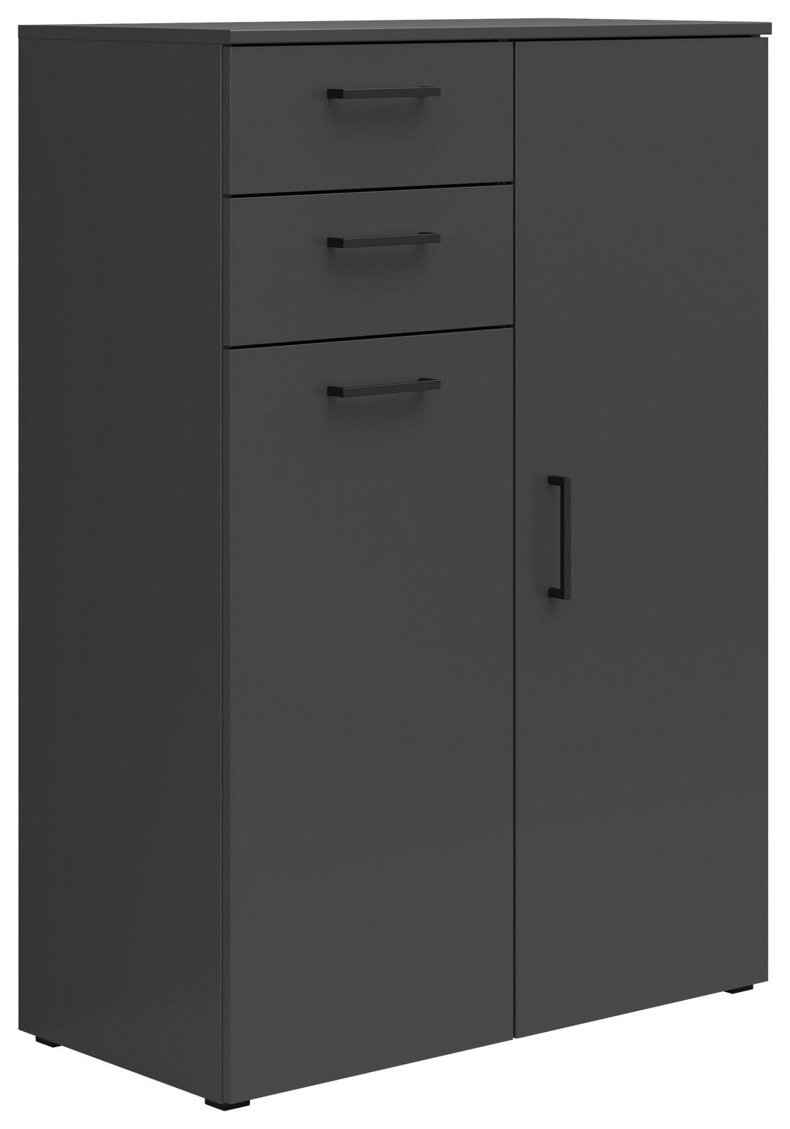 Carryhome Kommode MULTISTAURAUM Schwarze Kommode mit drei Schubladen und einer Tür, seitliche Perspektive