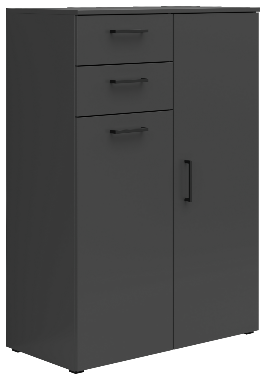 Carryhome Kommode MULTISTAURAUM Schwarze Kommode mit drei Schubladen und einer Tür, seitliche Perspektive