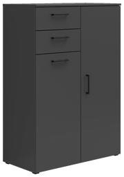 Schwarze Kommode mit drei Schubladen und einer Tür, seitliche Perspektive