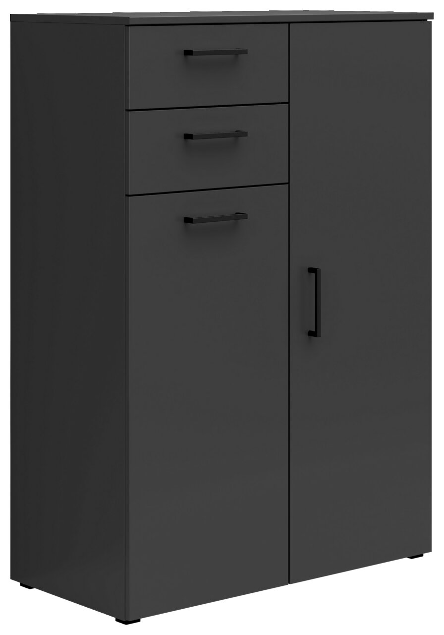Carryhome Kommode MULTISTAURAUM Schwarze Kommode mit drei Schubladen und einer Tür, seitliche Perspektive