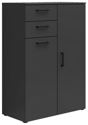 Schwarze Kommode mit drei Schubladen und einer Tür, seitliche Perspektive