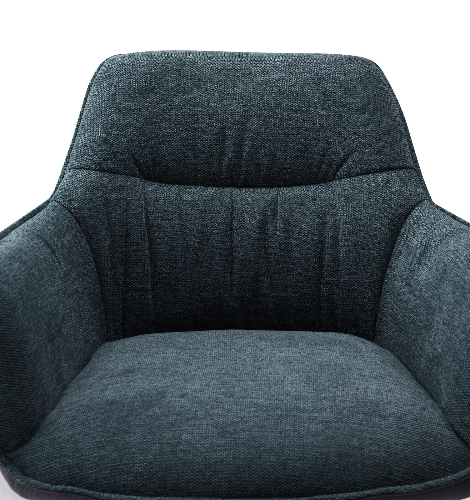 Vorderansicht eines dunkelgrauen Sessels mit gepolsterter Rückenlehne und Armlehnen.