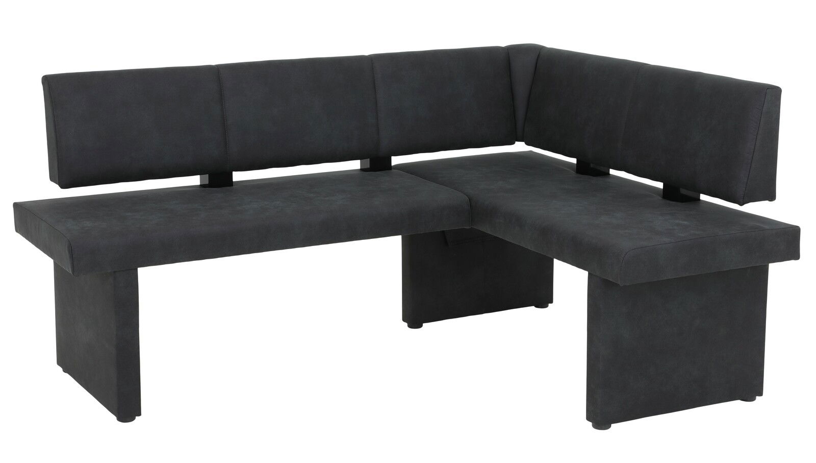 Eckbank in dunklem Stoffbezug, perspektivisch von vorne links fotografiert