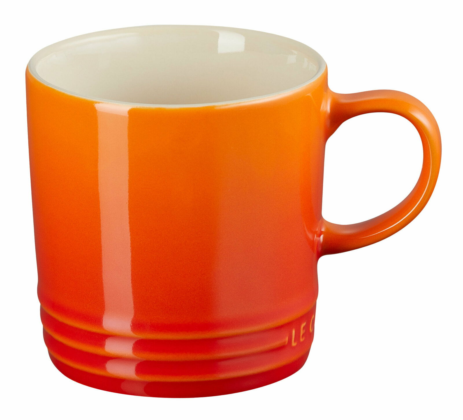 Ofenroter Becher aus Keramik mit Henkel, seitliche Perspektive