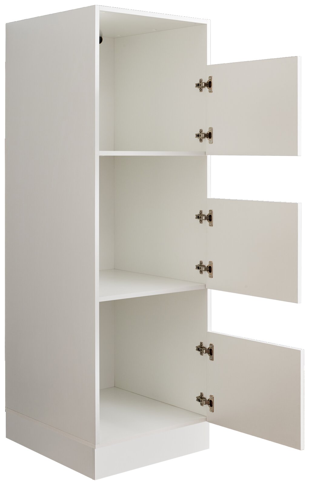 Weißer Wäscheschrank der Serie WASCHPUNKT von XORA mit drei offenen Türen, seitliche Perspektive