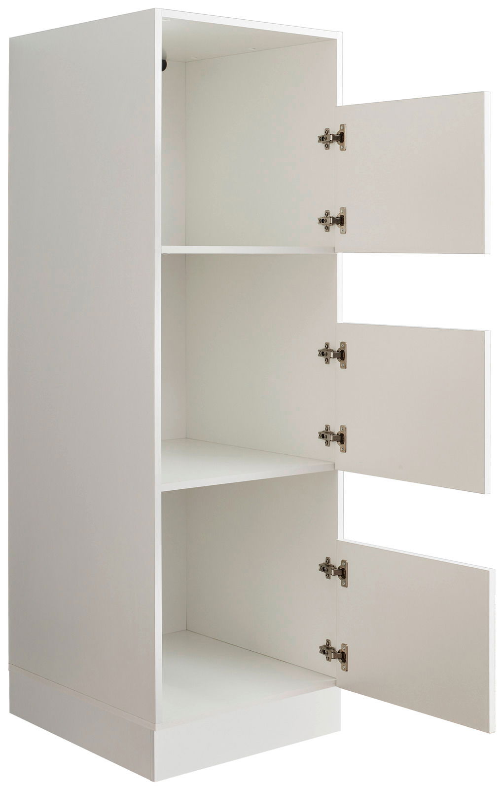 Weißer Wäscheschrank der Serie WASCHPUNKT von XORA mit drei offenen Türen, seitliche Perspektive