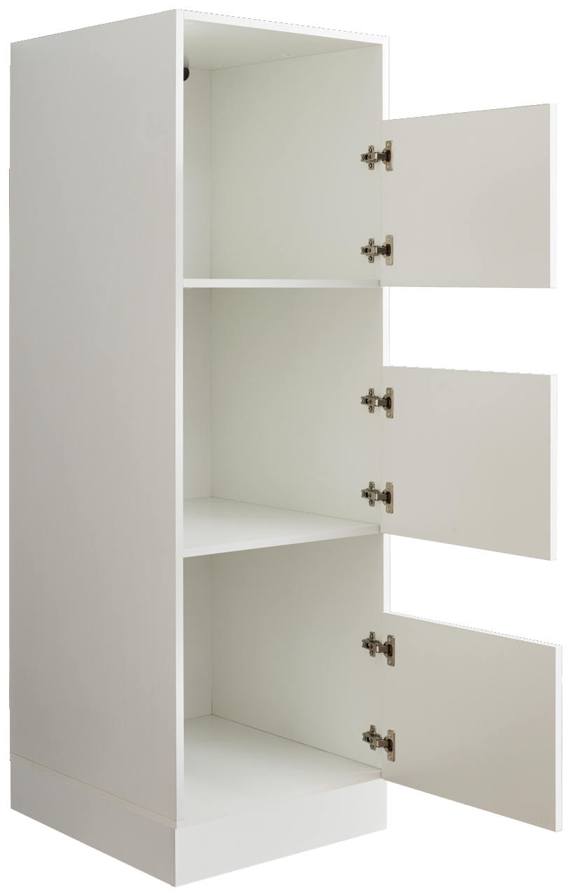 Weißer Wäscheschrank der Serie WASCHPUNKT von XORA mit drei offenen Türen, seitliche Perspektive