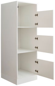 Weißer Wäscheschrank der Serie WASCHPUNKT von XORA mit drei offenen Türen, seitliche Perspektive