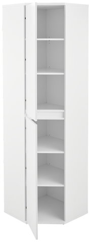Weißer Eckschuh-Mehrzweckschrank mit geöffneter Tür, zeigt mehrere Regalböden, perspektivisch von vorne links betrachtet.