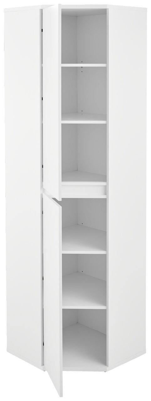 Weißer Eckschuh-Mehrzweckschrank mit geöffneter Tür, zeigt mehrere Regalböden, perspektivisch von vorne links betrachtet.