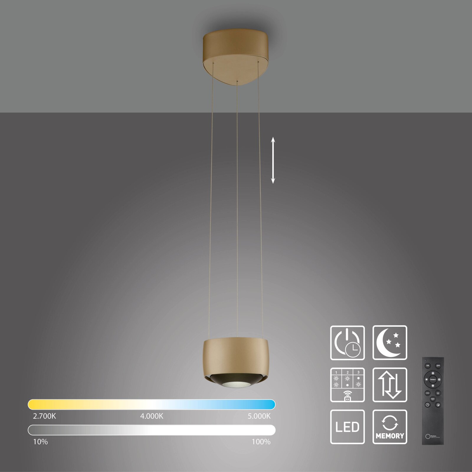 Goldfarbene LED-Pendelleuchte mit zylindrischem Schirm und höhenverstellbarer Aufhängung, Frontansicht leicht von unten; dargestellt mit Fernbedienung und Icons für Dimmen sowie Farbtemperatur 2700–5000 K.