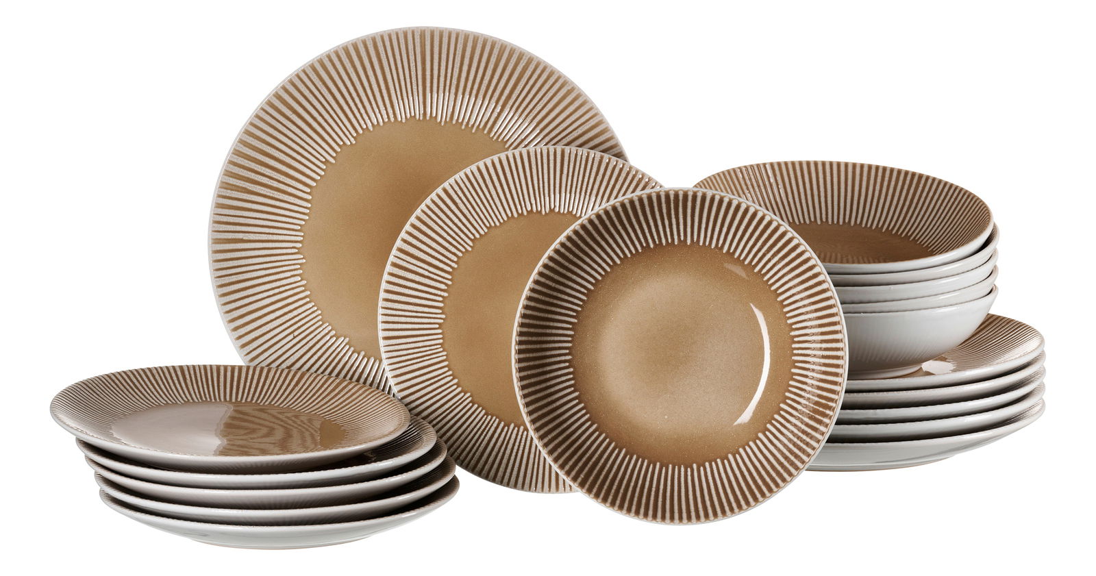 Beiges 18-teiliges Tellerset mit gestreiftem Rand, seitliche Perspektive