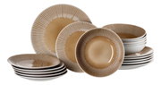 Beiges 18-teiliges Tellerset mit gestreiftem Rand, seitliche Perspektive