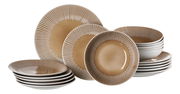 Beiges 18-teiliges Tellerset mit gestreiftem Rand, seitliche Perspektive