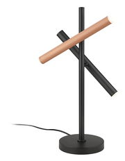 Moderne Tischleuchte CALINA mit zwei überkreuzten Leuchtarmen in Schwarz und Kupfer, seitliche Perspektive