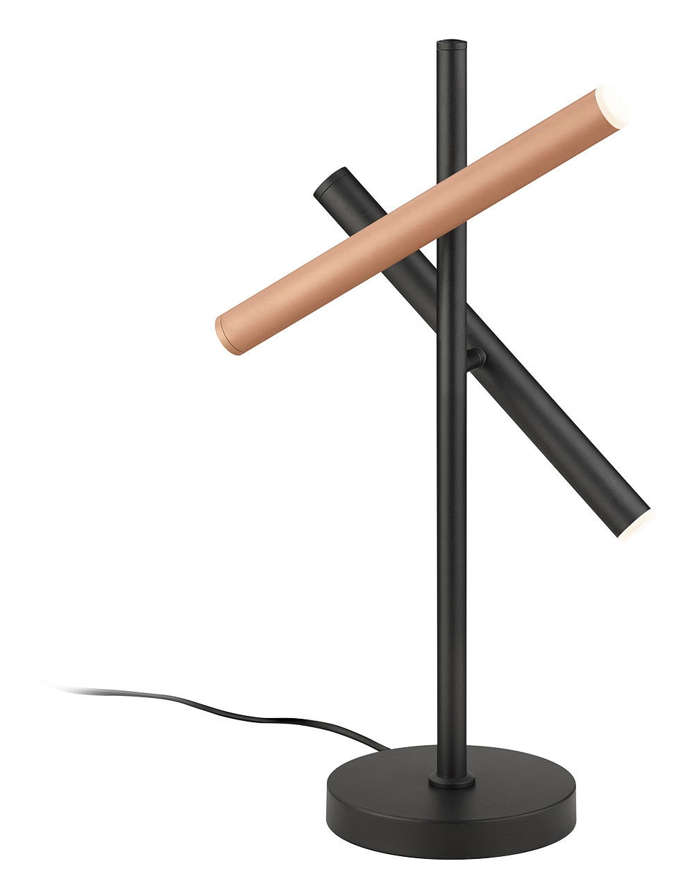 Moderne Tischleuchte CALINA mit zwei überkreuzten Leuchtarmen in Schwarz und Kupfer, seitliche Perspektive