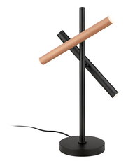 Moderne Tischleuchte CALINA mit zwei überkreuzten Leuchtarmen in Schwarz und Kupfer, seitliche Perspektive