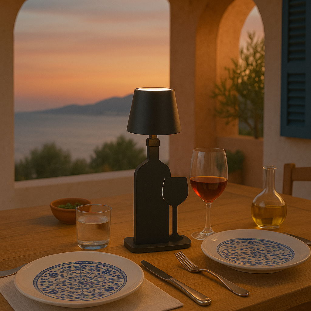 Akku-Tischleuchte in Form einer Flasche auf einem gedeckten Tisch bei Sonnenuntergang, seitliche Perspektive