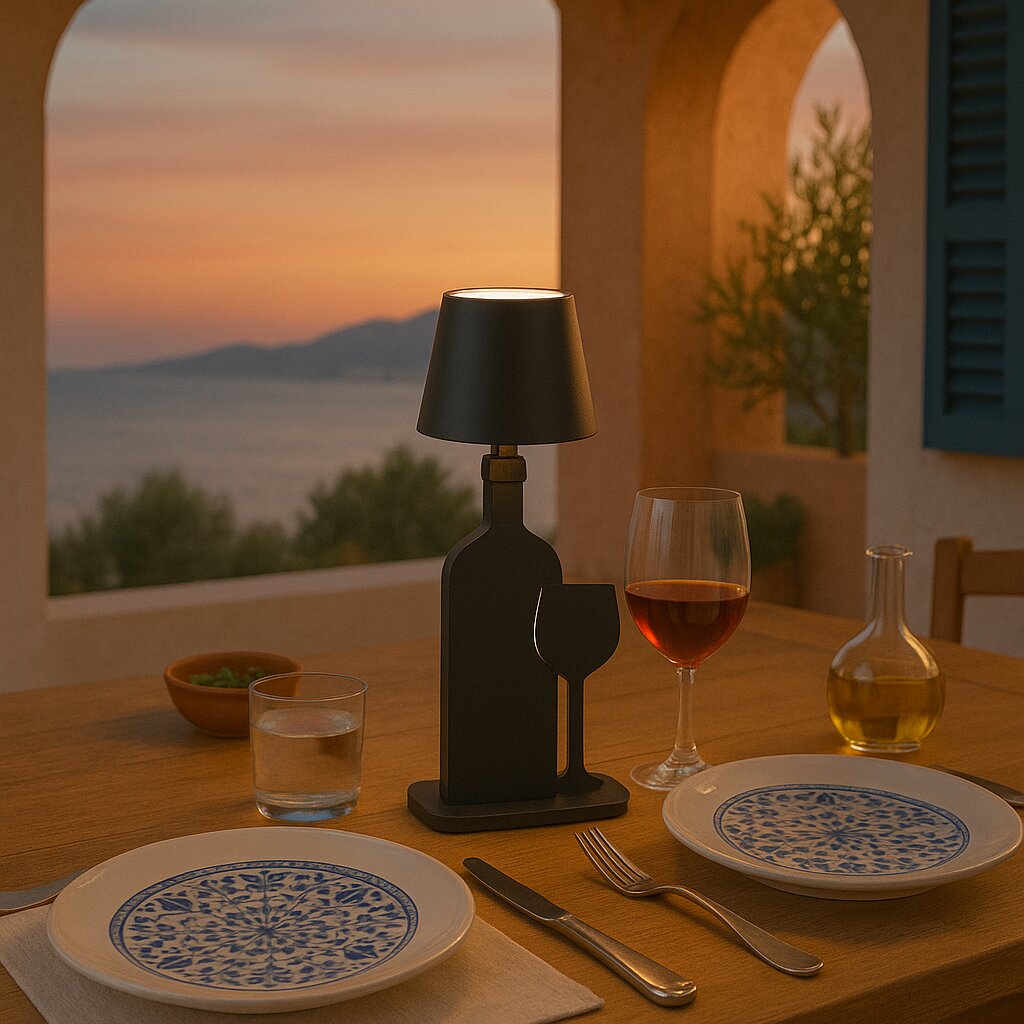 Akku-Tischleuchte in Form einer Flasche auf einem gedeckten Tisch bei Sonnenuntergang, seitliche Perspektive