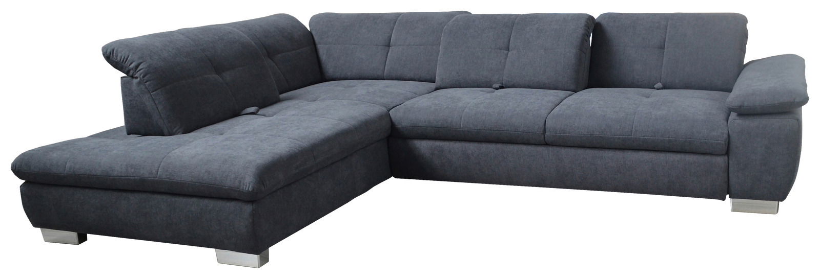 Graue Polsterrundecke in L-Form mit Metallfüßen, Perspektive von vorne links