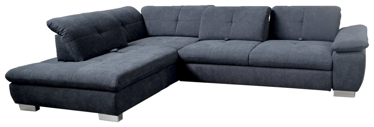 Graue Polsterrundecke in L-Form mit Metallfüßen, Perspektive von vorne links