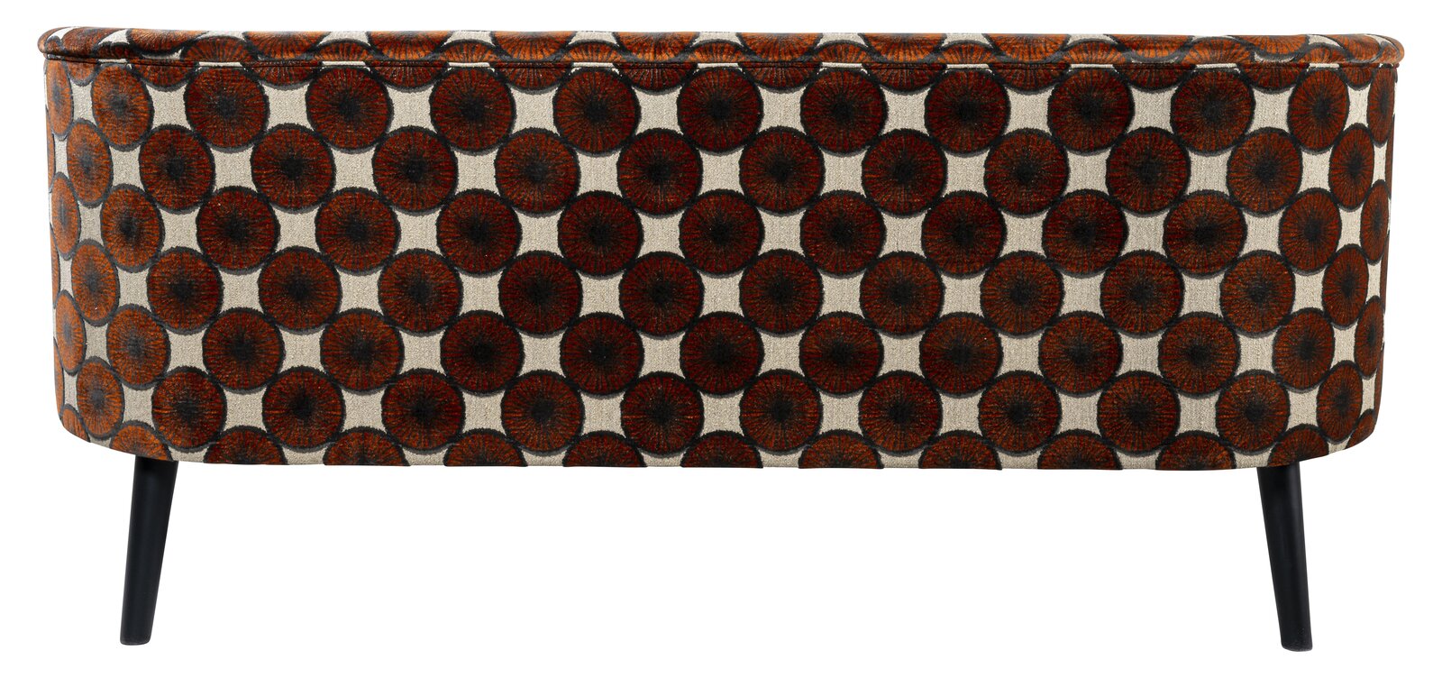 Gepolsterte Sitzbank mit cremefarbenem Stoffbezug und orange-schwarzem Kreis-Muster, auf schwarzen schrägen Holzbeinen, Frontansicht.