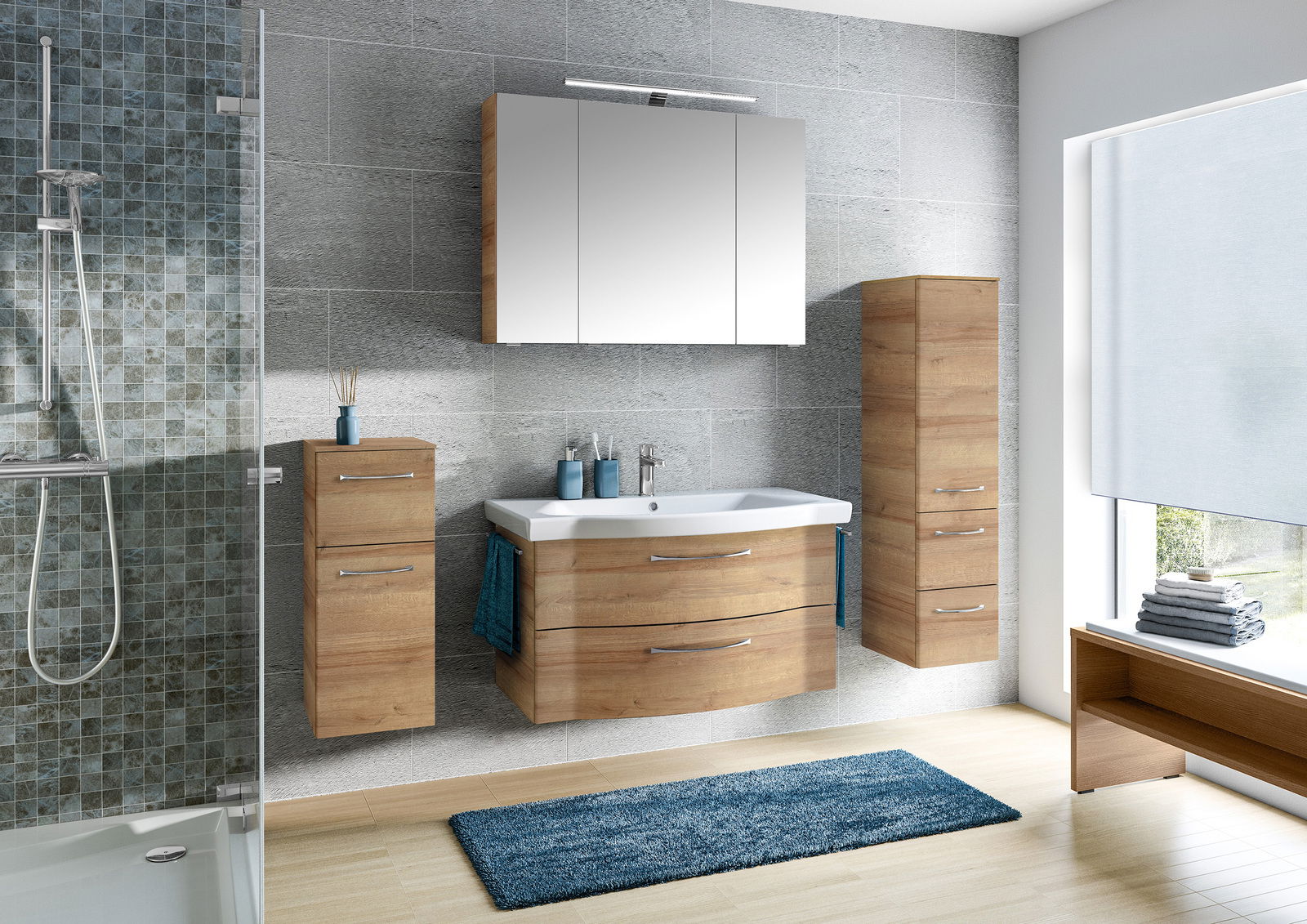 Moderne Badezimmermöbel in Holzoptik mit Waschbecken, Spiegelschrank und Stauraum, seitliche Perspektive