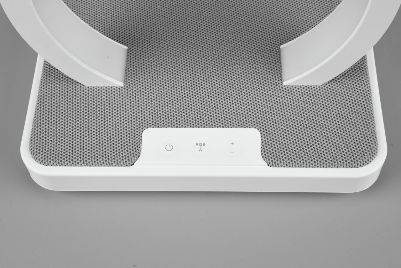 Nahaufnahme der Basis einer LED-Leuchte mit Bedienelementen für RGB und Helligkeit.
