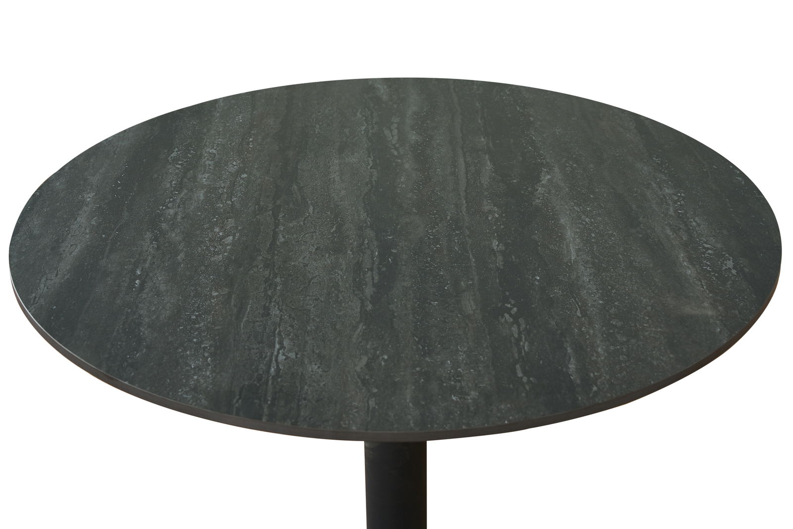 Runder Bartisch mit dunkler, marmorierter Tischplatte, Ansicht von oben.