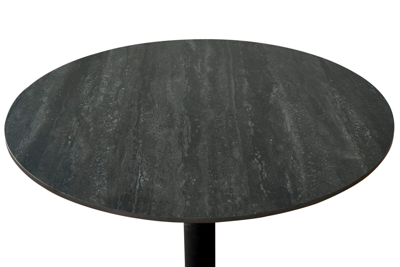 Runder Bartisch mit dunkler, marmorierter Tischplatte, Ansicht von oben.
