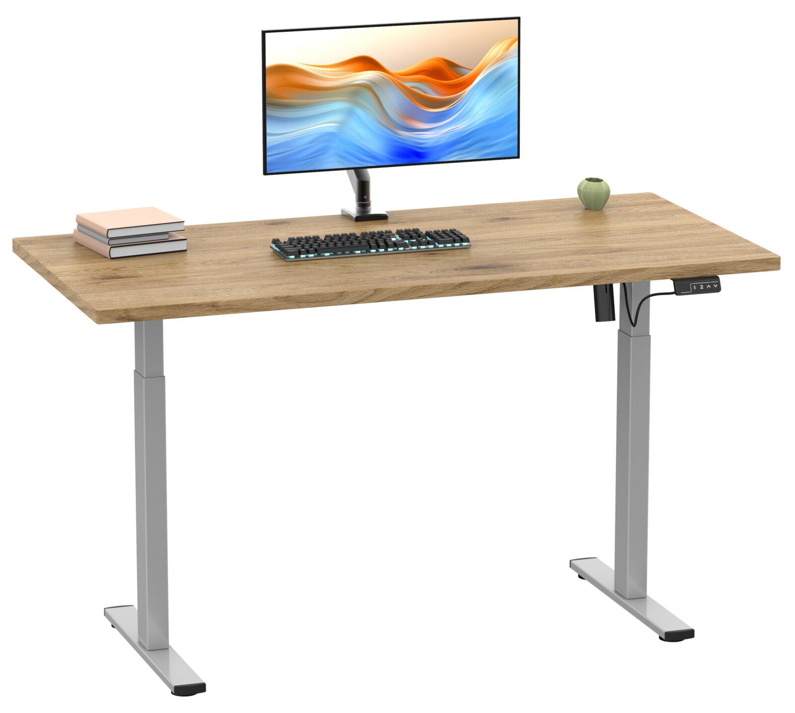 Elektrisch höhenverstellbarer Schreibtisch mit Holzoptik-Tischplatte und silbernem T-Gestell, mit Monitor und Tastatur, schräg von vorne in leichter Aufsicht dargestellt