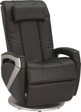 Schwarzer Massagesessel in Frontalansicht mit gepolsterten Armlehnen und Kopfstütze.