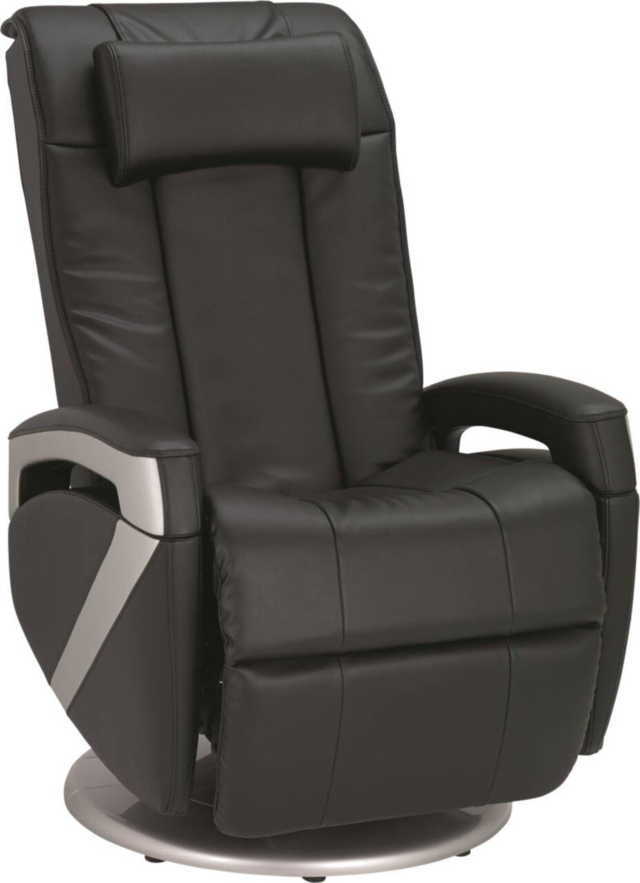 Cantus Massagesessel ALPHA Schwarzer Massagesessel in Frontalansicht mit gepolsterten Armlehnen und Kopfstütze.