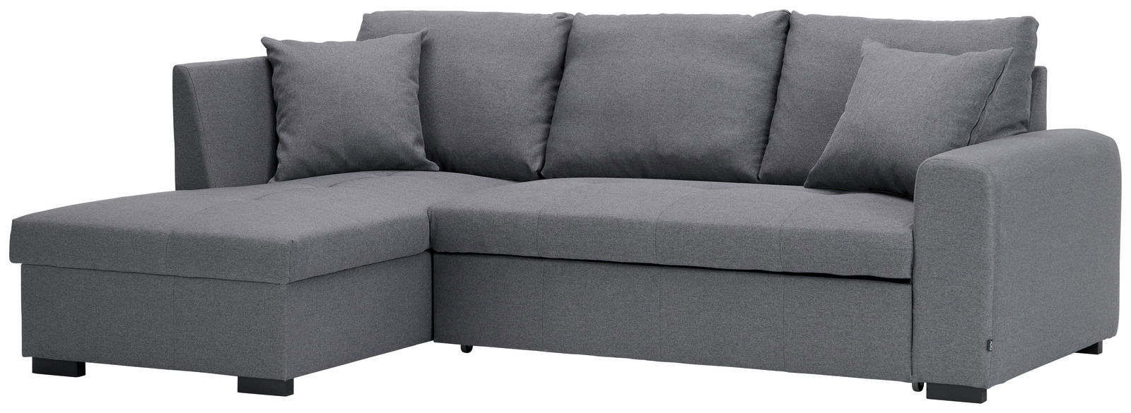 Graues Ecksofa mit Ottomane links, frontal betrachtet, inklusive drei Rückenkissen und zwei Armlehnen.