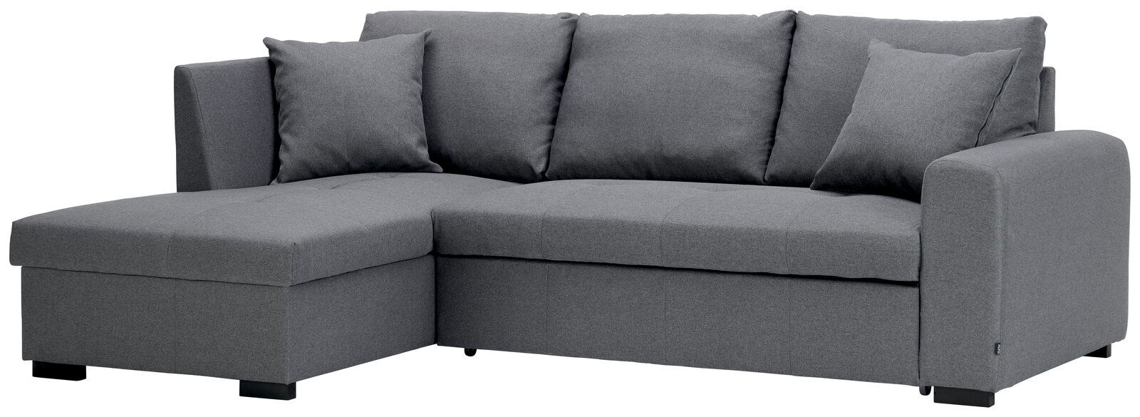 Graues Ecksofa mit Ottomane links, frontal betrachtet, inklusive drei Rückenkissen und zwei Armlehnen.