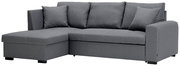 Graues Ecksofa mit Ottomane links, frontal betrachtet, inklusive drei Rückenkissen und zwei Armlehnen.