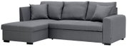 Graues Ecksofa mit Ottomane links, frontal betrachtet, inklusive drei Rückenkissen und zwei Armlehnen.