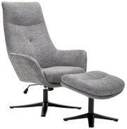 Grauer Relaxsessel mit passendem Hocker, seitliche Perspektive