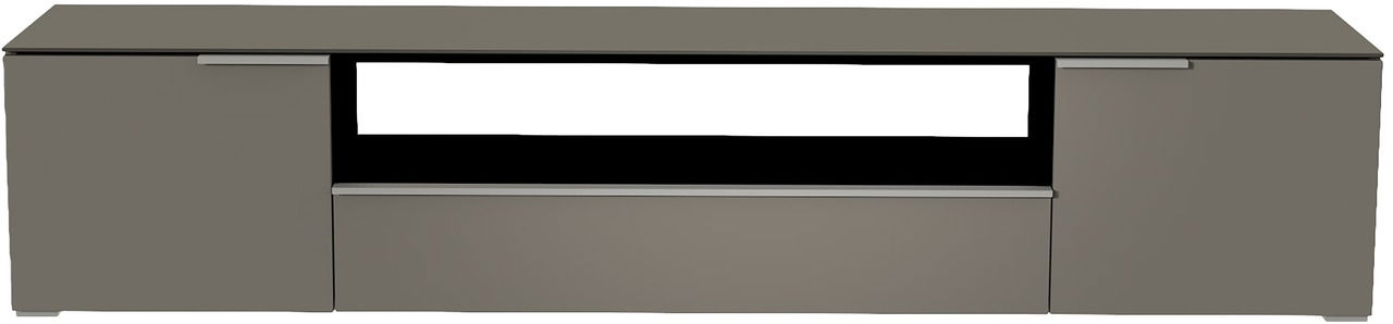 Moderano XL TV-Lowboard BORMIO Frontansicht eines grauen XL TV-Lowboards mit zwei Türen und einem offenen Fach in der Mitte.