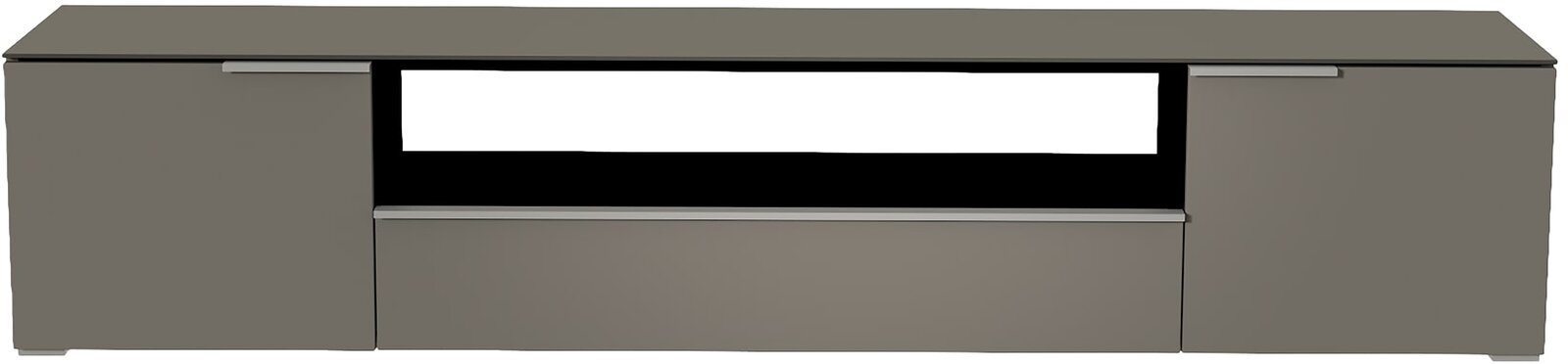 Frontansicht eines grauen XL TV-Lowboards mit zwei Türen und einem offenen Fach in der Mitte.