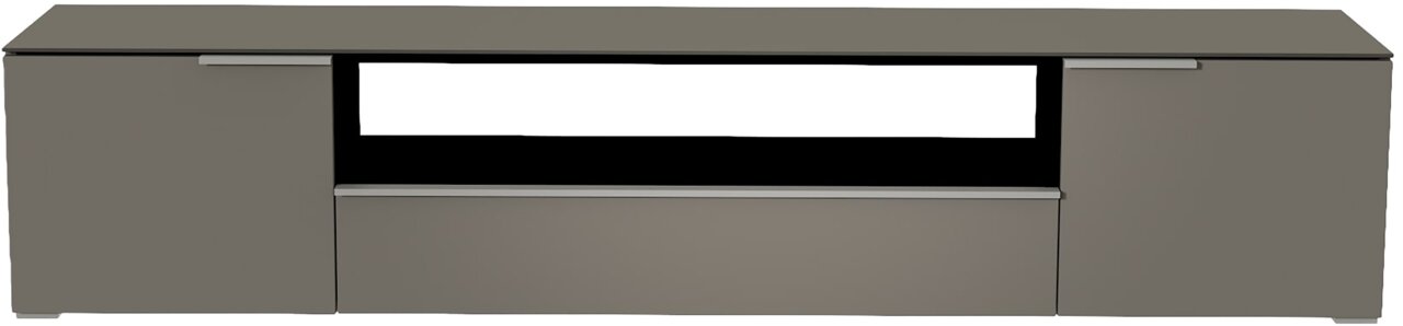 Moderano XL TV-Lowboard BORMIO Frontansicht eines grauen XL TV-Lowboards mit zwei Türen und einem offenen Fach in der Mitte.